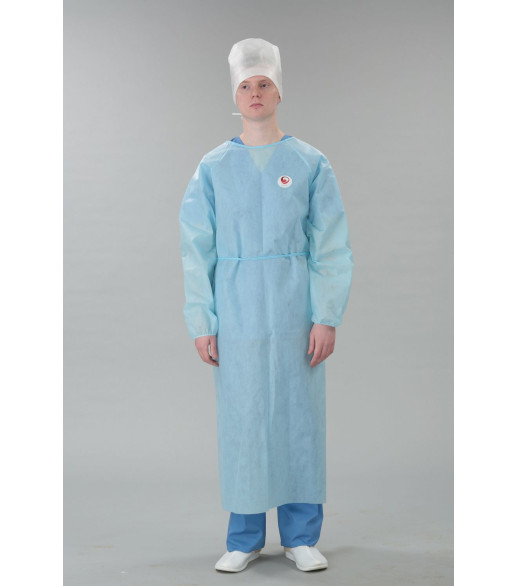 Халат длина 140 см. , горловина на липучке, рукав на резинке, СМС 35 г/м2